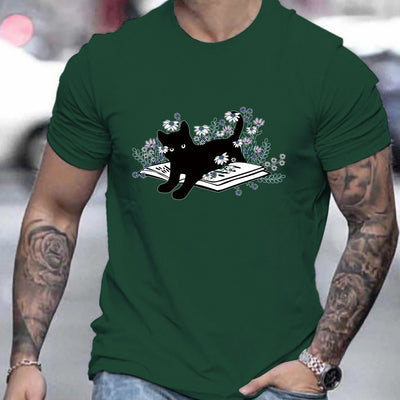 Men's Summer Graphic Tee with Black Cat Pattern Print: Embrace Style and Comfort with Temu's Slightly Stretch T-Shirt