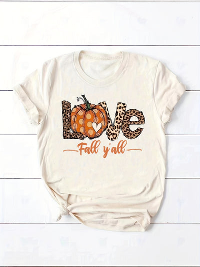 Pumpkin & Leopard Print Crew Neck T-Shirt, Casual Short Sleeve Top For Spring & Summer, Women's Clothing