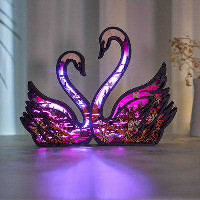 Enchanting Glow: 3D Wooden Couple Swans Multilayer Carved Ornament with RGB LED Night Light - Perfect Home Décor Gift for Every Occasion