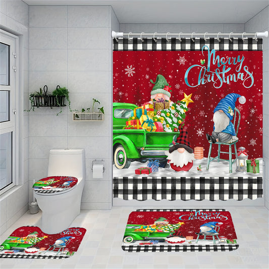 Bring some holiday cheer to your bathroom with this 4-piece Winter Wonderland set! Crafted with waterproof fabric, each piece adds a festive touch to your bathroom decor with colorful gnomes, snowmen, and snowflakes. Enjoy a reliable shower curtain and accessories for a fun and merry experience!