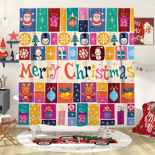 Add a festive touch to your bathroom with our Cartoon Christmas Patchwork Printed Shower Curtain. Made of waterproof polyester, it includes 12 hooks for easy installation. This shower curtain features a charming patchwork design, adding a touch of holiday cheer to your daily routine. Perfect for Christmas decor!