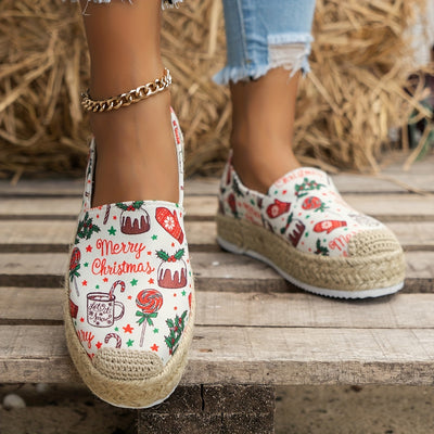 Festive Flatforms: Women's Christmas Pattern Espadrille Shoes for Casual Slip-On Style