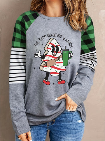 Festive Vibes: Christmas Graphic Print Crew Neck T-Shirt, Your Perfect Spring-Fall Women's Casual Long Sleeve Top