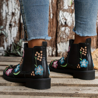 Stylish and Comfortable Women's Flower Embroidery Ankle Boots: Slip-On Chelsea Boots with Comfy Stretch and Round Toe Design