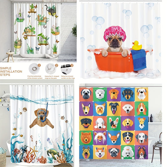 This Fun Bath Dog and Marine Creature Shower Curtain is crafted from eco-friendly polyester, featuring a creative design ideal for children's bathrooms. Includes 12 hooks for easy installation.