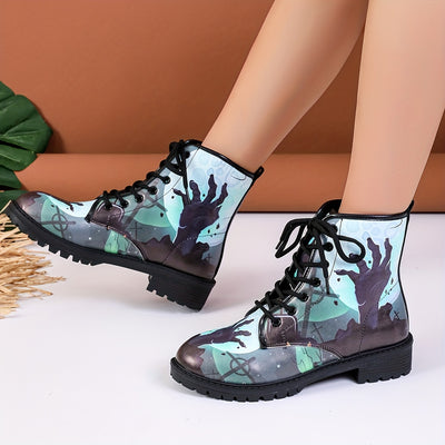Step into the Spooky Season with Women's Halloween Style Ankle Boots: Horror-inspired Zombie Print Combat Boots for Casual Chic