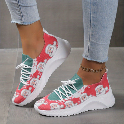 Playful and Festive: Women's Cartoon Santa Claus Print Sneakers – Holiday Magic in Every Step!