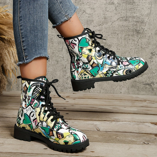Make a bold statement with these unique urban chic ankle boots. They include a graffiti-inspired design and feature a lace-up platform, perfect for the trendy outdoors. Get the coolest street look in style and comfort!