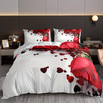 Love Rose Print Duvet Cover Set: Soft and Comfortable Bedding for Bedroom and Guest Room(1*Duvet Cover + 2*Pillowcases, Without Core)