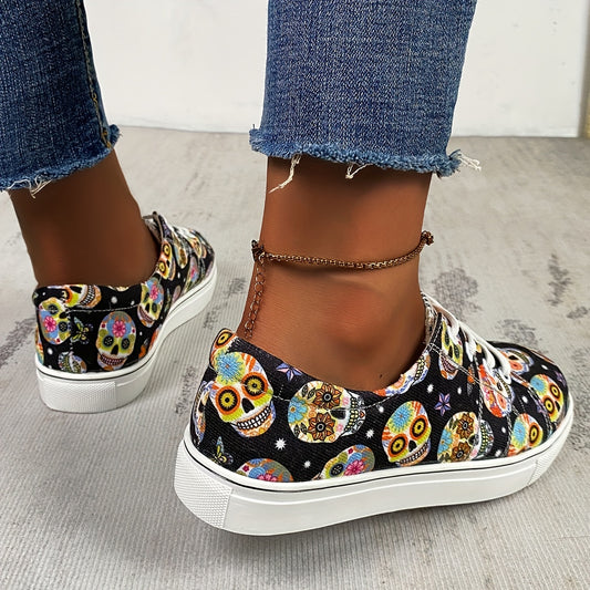 Enjoy comfort and style on your next casual outing with these Floral Skull Loafer Sneakers. These canvas shoes feature a lace-up closure, nonskid soles, and decorative Halloween-inspired floral skull pattern, making them the perfect combination of style and comfort.