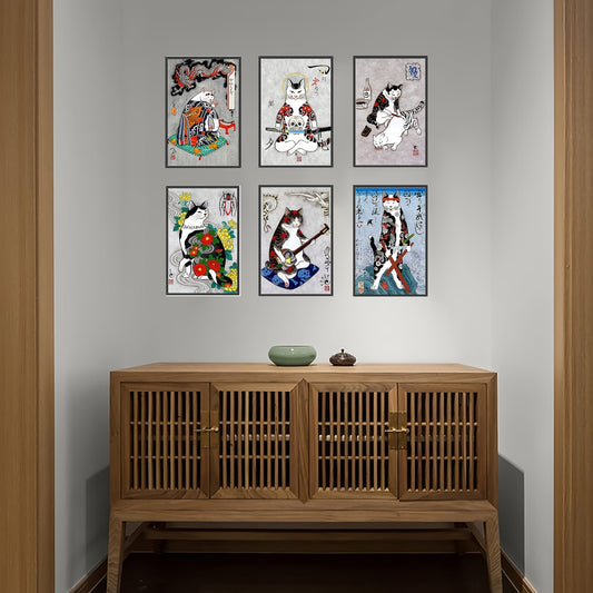 Discover the beauty of Japanese art with this set of 6 unframed prints featuring tattoo-inspired cat paintings. Each piece showcases intricate details and vibrant colors that will add a touch of retro elegance to your walls. Perfect for art enthusiasts and cat lovers alike.