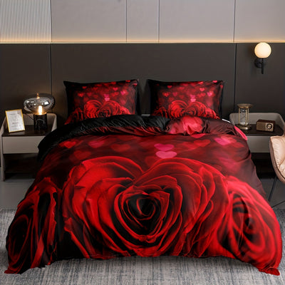 Love Rose Print Duvet Cover Set: Soft and Comfortable Bedding for Bedroom and Guest Room(1*Duvet Cover + 2*Pillowcases, Without Core)