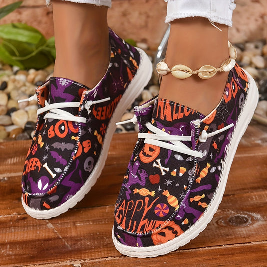 These Halloween-themed canvas shoes feature a unique pumpkin and bat print design. Crafted from lightweight, breathable canvas, these shoes are comfortable and highly durable, perfect for outdoor activities. Enjoy the cool, casual style with their secure lace-up design.