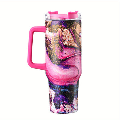 40Oz Colorful Marble Stainless Steel Water Tumbler Cup, Large Capacity Water Tumbler With Straw, Creative Portable Water Bottle For Outdoor Camping