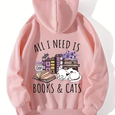 Feline Frenzy: Books & Cats Print Hoodie - Stay Cozy and Stylish this Winter/Fall with this Casual Hooded Sweatshirt for Women