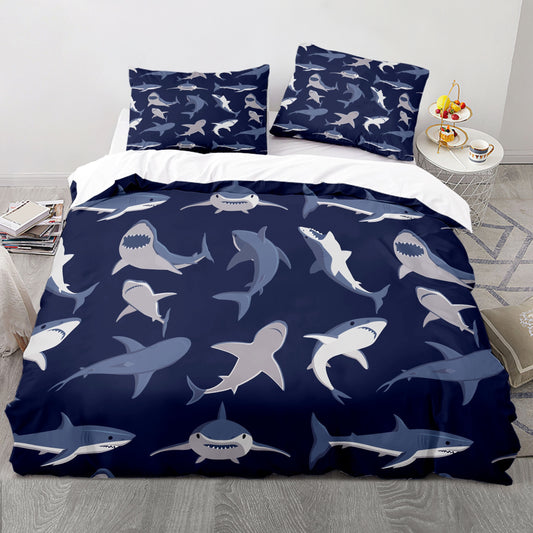Sleep in style with this Cartoon Shark Print Duvet Cover Set. Crafted from premium fabric, it is both soft and comfortable. The striking design makes it the perfect centerpiece for any bedroom or guest room. Upgrade your sleep experience with this cozy and stylish duvet cover set.