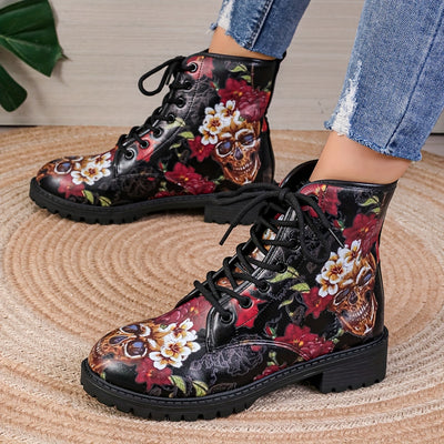 Fearlessly Fashionable: Women's Skull Floral Print Ankle Boots - The Ultimate Halloween Statement