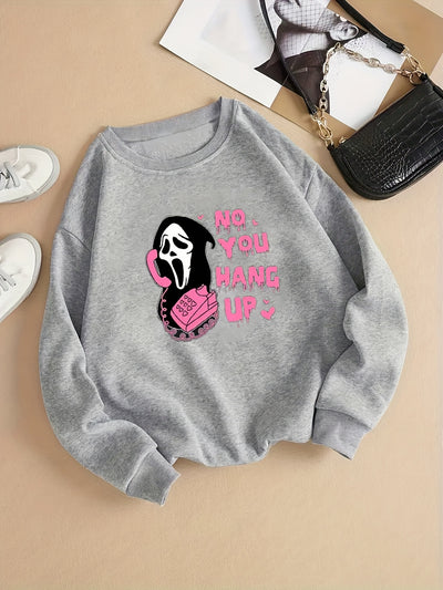 Skull & No You Hang Up Print Pullover Sweatshirt, Casual Long Sleeve Crew Neck Sweatshirt For Fall & Winter, Women's Clothing