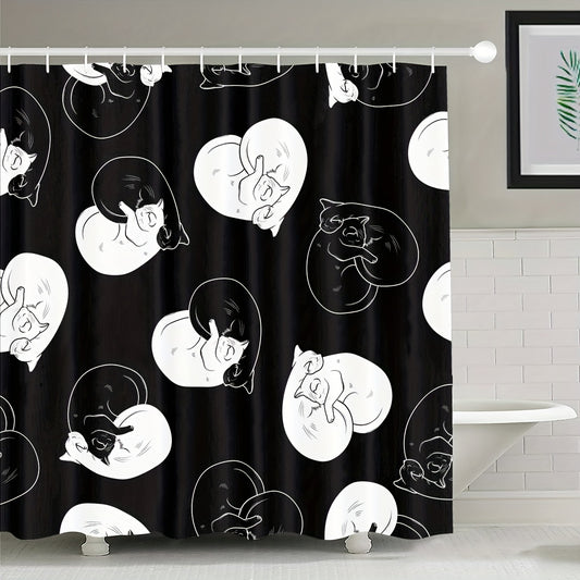 Adorable Cat Pattern Shower Curtain: Waterproof, Funny & Decorative Bathroom Accessory with Hooks