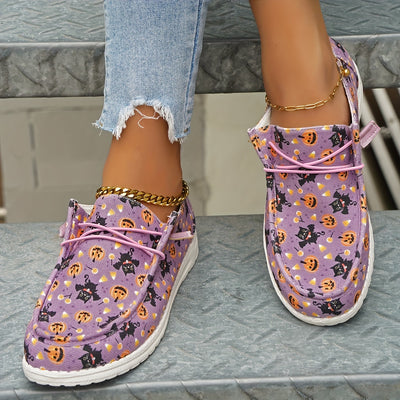 Pumpkin & Cat Pattern Print Canvas Shoes, Lightweight Low Top Halloween Shoes - Casual Lace Up Outdoor Shoes