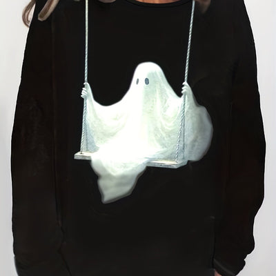 CUTE GHOST AND CANDLE PRINT PLUS-SIZE HALLOWEEN SWEATSHIRT: STYLISH AND COMFORTABLE WITH A SLIGHT STRETCH