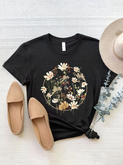 Floral Graphic Print Crew Neck T-Shirt, Casual Short Sleeve T-Shirt For Spring & Summer, Women's Clothing