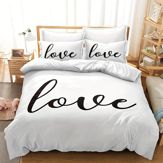Transform your bedroom with this Love Black and White Print Duvet Cover Set. Designed for ultimate comfort and stylish appearance, this set includes one duvet cover and two pillowcases, no core included. Perfect for transforming your bedroom into a cozy space.