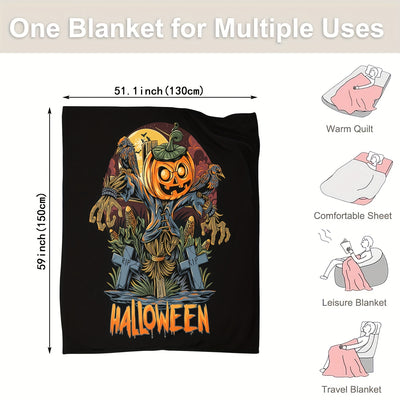 Halloween Pumpkin Theme Flannel Blanket: Cozy up with Cartoon Pumpkins, Scarecrows, and Crows - Perfect for Home Decor, Couch, Office, Bed, Camping, and Travel!