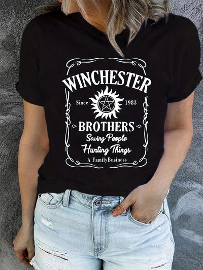 Letter Winchester Print Graphic T-Shirt, Short Sleeve Crew Neck Casual Top For Spring & Summer, Women's Clothing