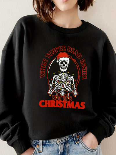 Stylish and Comfy: Women's Plus Size Christmas Casual Sweatshirt with Skull Slogan Print