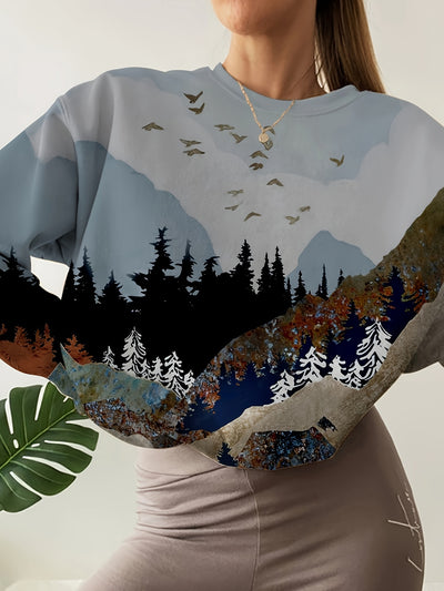 Cozy and Stylish: Landscape Print Pullover Sweatshirt for Fall-Winter Women's Clothing