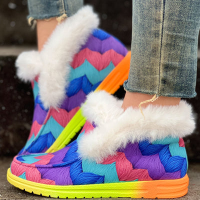 Warm and Stylish: Women's Colorful Print Fluffy Slip-On Shoes with Comfy Warm Lining