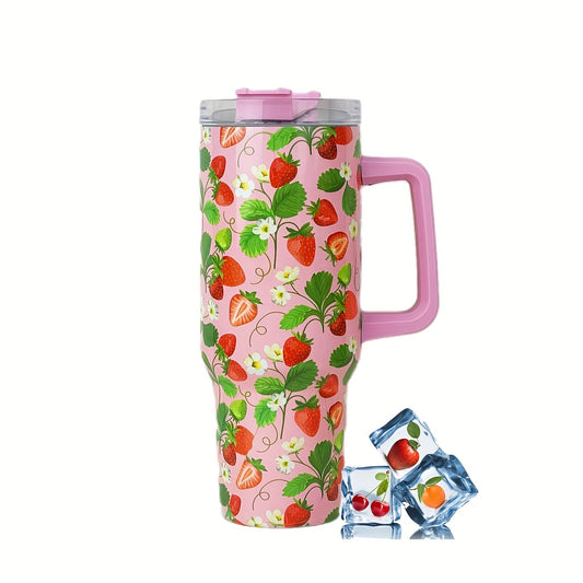 40oz Stainless Steel Strawberry Tumbler with Lid and Straw - Perfect for Summer Drinks and Birthday Gifts