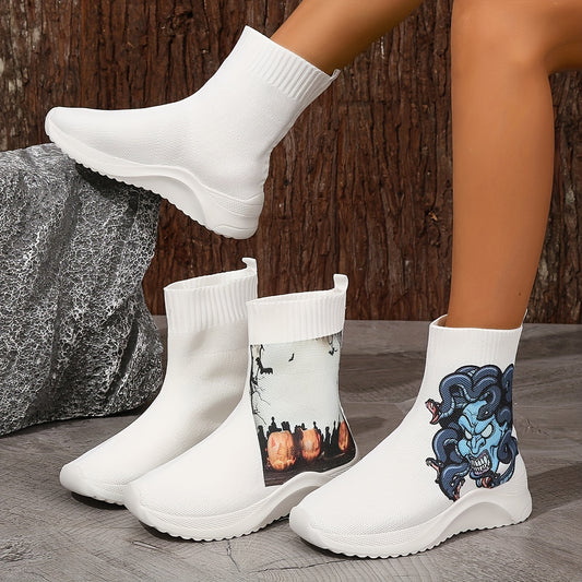 Pumpkin Devil Print Sock Boots are the perfect spooky addition to any Halloween wardrobe. These stylish slip-ons are crafted with a seasonal print and comfy fit, ensuring you'll look and feel your best for the holiday!