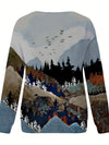 Cozy and Stylish: Landscape Print Pullover Sweatshirt for Fall-Winter Women's Clothing