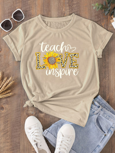 Teacher Love Inspire Letter and Leopard Print T-Shirt, Short Sleeve Crew Neck Casual Top For Spring & Summer, Women's Clothing