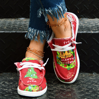 Christmas Spirit: Women's Festive Tree Print Canvas Shoes - Casual Slip-On Sneakers for a Stylish and Comfortable Holiday Look