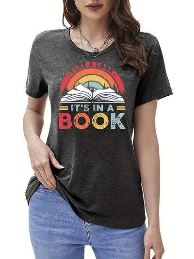 Vibrant Letter Book Print T-Shirt: A Stylish Casual Top for Women's Spring/Summer Wardrobe