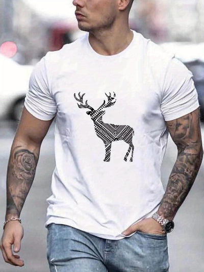 Christmas Deer Creative Pattern Men's T-Shirt: A Stylish Crew Neck Top for Outdoor Summer Wear