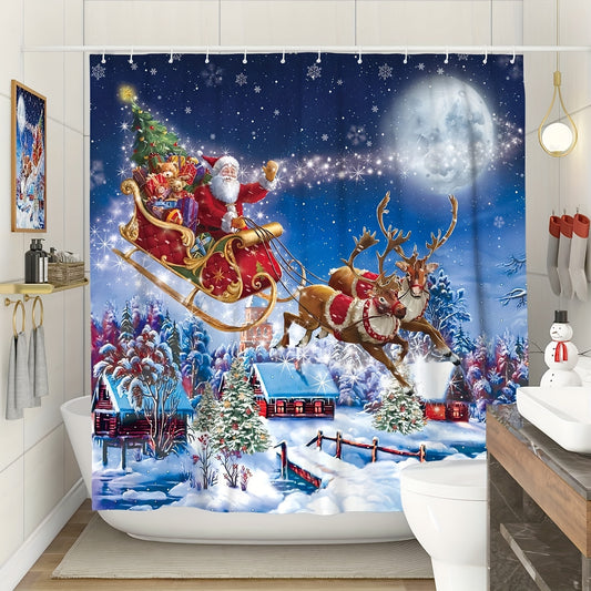 Make your bathroom a festive wonderland with our Elk and Santa Claus Shower Curtain. This waterproof curtain not only adds a touch of Christmas cheer with its festive design, it also serves as a perfect bathroom partition. Enjoy the holiday season in style and practicality with this enchanting addition to your bathroom.