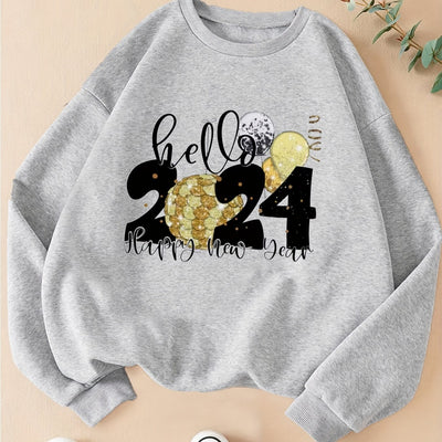 Hello 2024: Women's Casual Long Sleeve Crew Neck Sweatshirt for Winter/Fall