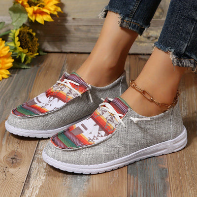 Geometric Design Canvas Shoes for Women - Low Top Lace Up Flat Sneakers for Casual Wear