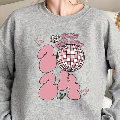 Festive and Fashionable: Happy New Year Print Sweatshirt - Women's Casual Long Sleeve Crew Neck Sweatshirt