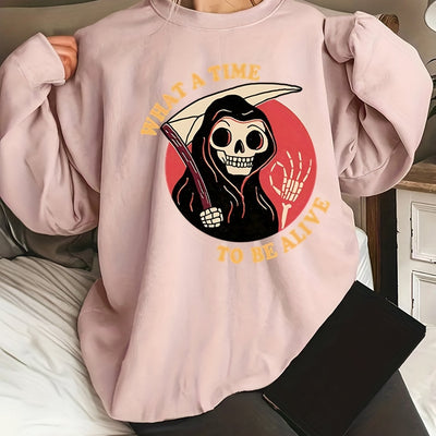 Darkly Stylish: Women's Plus Size Halloween Grim Reaper Sweatshirt with Slogan Print