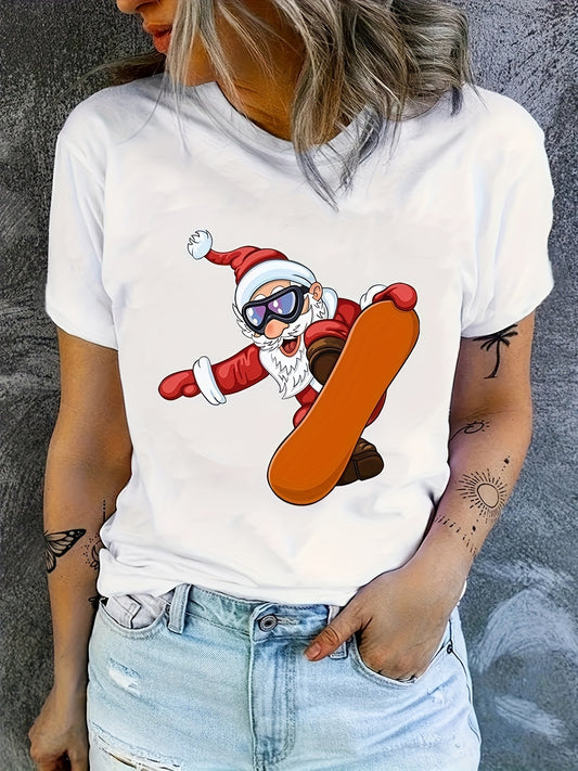 Spread festive cheer with this Christmas Santa Claus print t-shirt. Made with a perfect crew neck and short sleeves, this top is ideal for casual wear. The comfortable fabric and stylish design make it a must-have for any woman's wardrobe.