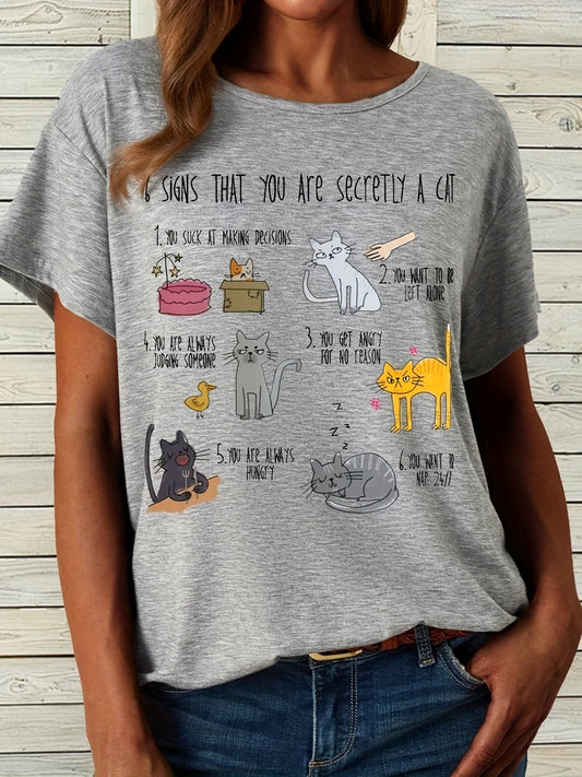 Playful Purrfection: Cartoon Cat Print T-Shirt for Casual Summer Style