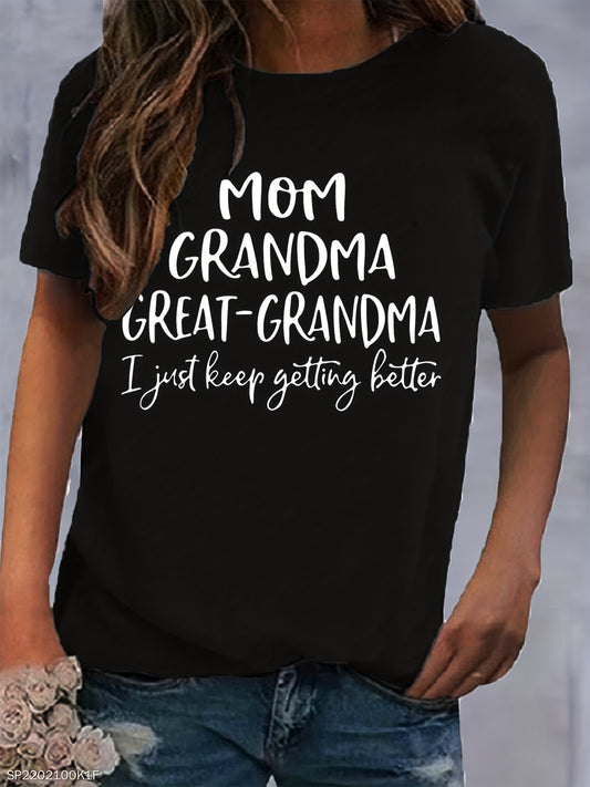 This Great-Grandma Letter Print T-Shirt is perfect for wearing during the spring and summer season. Featuring short sleeves, a crew neck, and a casual fit, this stylish women's clothing item is sure to keep you comfortable year-round.