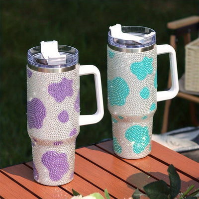 40oz Rhinestone Design and Cow Pattern Stainless Steel Tumbler with Lid and Straw - Portable and Stylish Drinking Cup for Car, Home, Office, and Travel - Perfect Birthday Gift