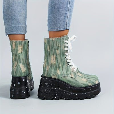 Chic and Edgy: Women's Denim Wedge Boots with Ripped Detail and Lace-Up Platform