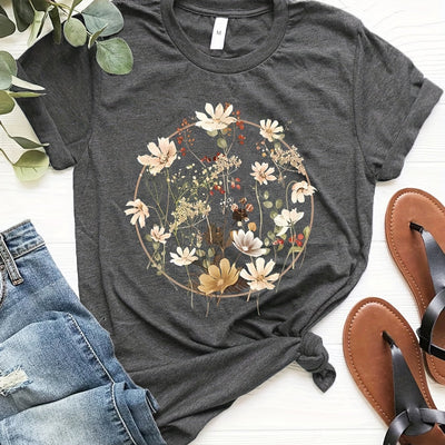 Floral Graphic Print Crew Neck T-Shirt, Casual Short Sleeve T-Shirt For Spring & Summer, Women's Clothing